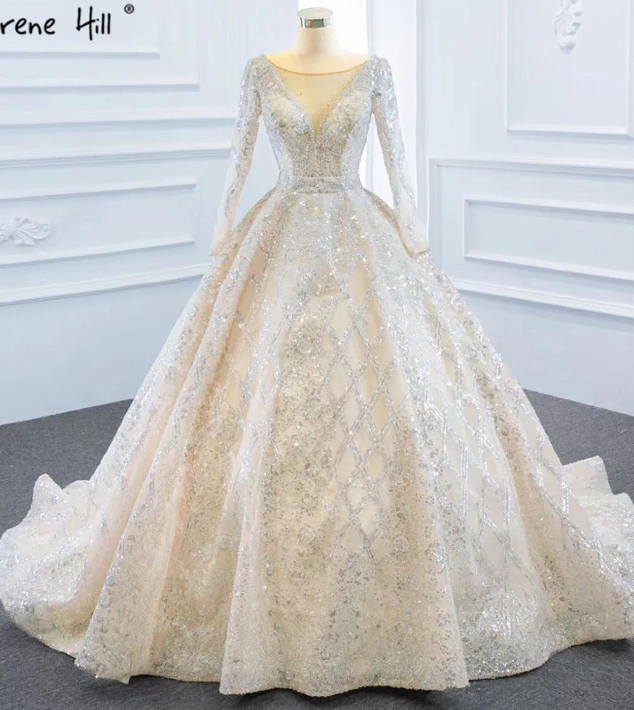 Abiti da sposa Dubai maniche lunghe di lusso champagne 2023 Abiti da sposa scintillanti con perline di fascia alta Hm67157 Custo