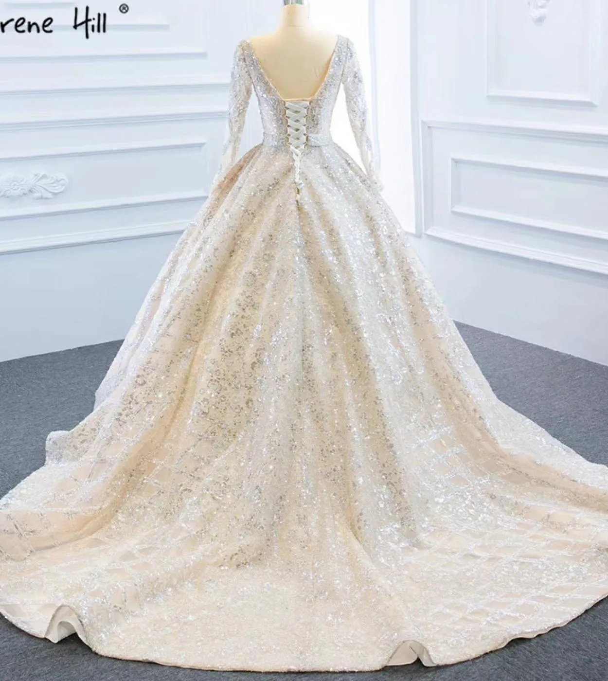 Abiti da sposa Dubai maniche lunghe di lusso champagne 2023 Abiti da sposa scintillanti con perline di fascia alta Hm67157 Custo
