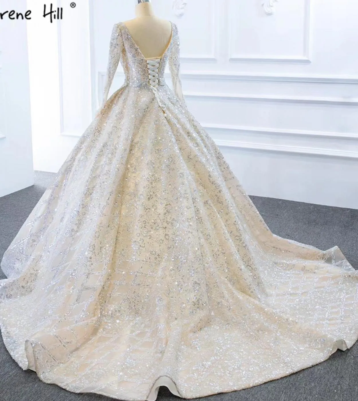 Abiti da sposa Dubai maniche lunghe di lusso champagne 2023 Abiti da sposa scintillanti con perline di fascia alta Hm67157 Custo