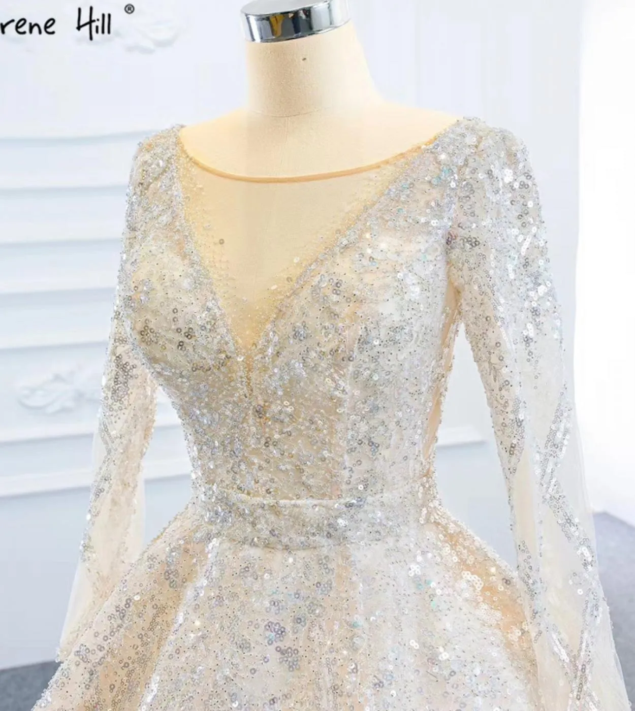Abiti da sposa Dubai maniche lunghe di lusso champagne 2023 Abiti da sposa scintillanti con perline di fascia alta Hm67157 Custo