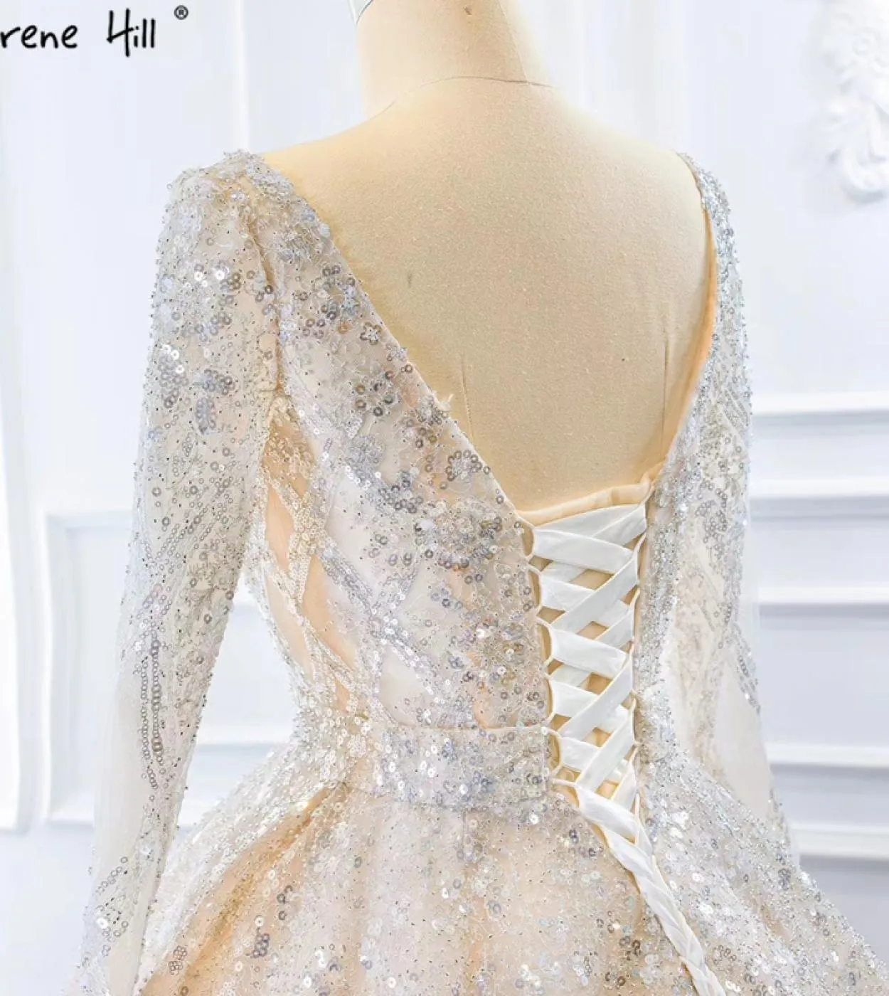 Abiti da sposa Dubai maniche lunghe di lusso champagne 2023 Abiti da sposa scintillanti con perline di fascia alta Hm67157 Custo