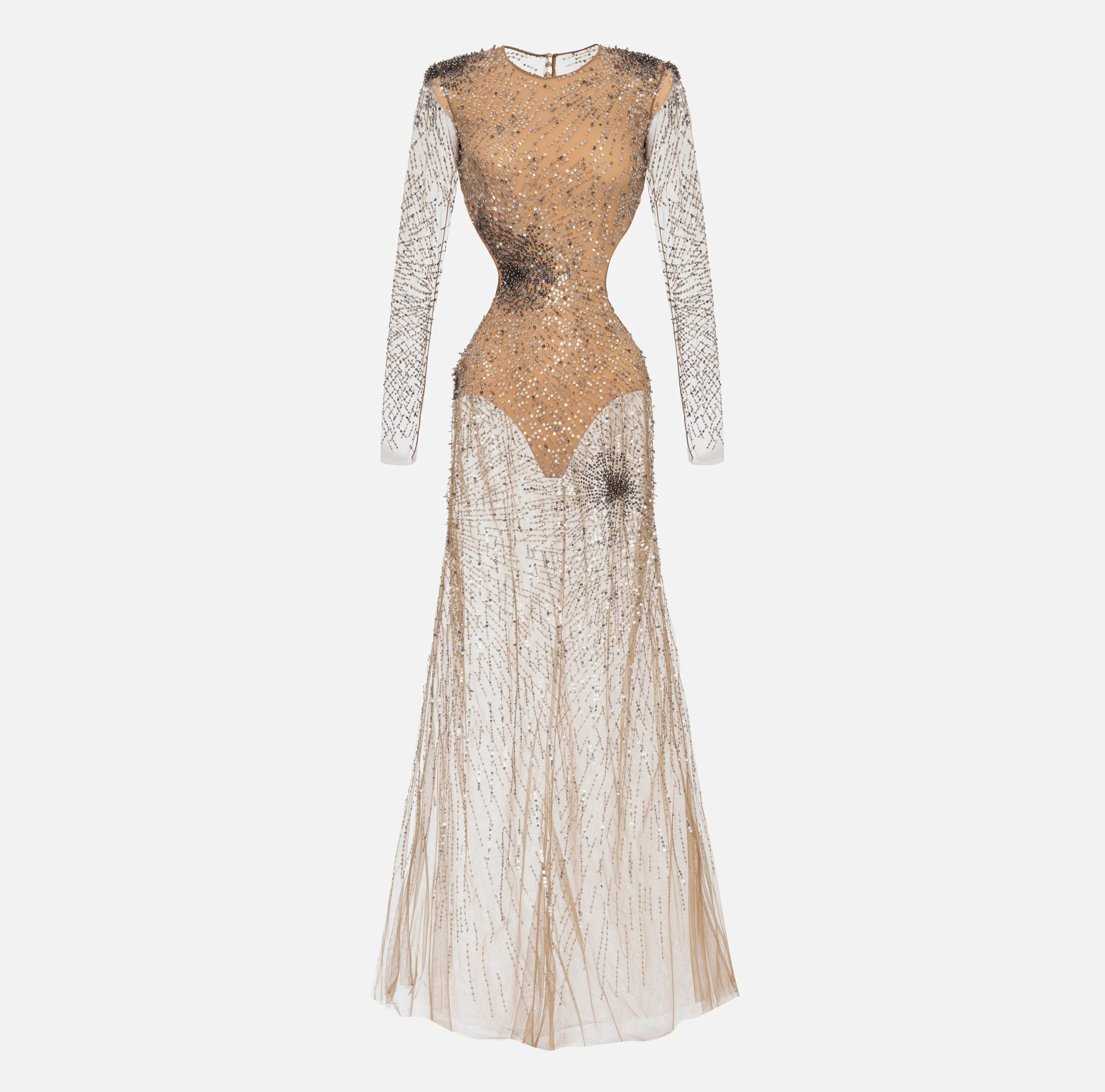 Abito red carpet in tulle stretch ricamato con paillettes fireworks