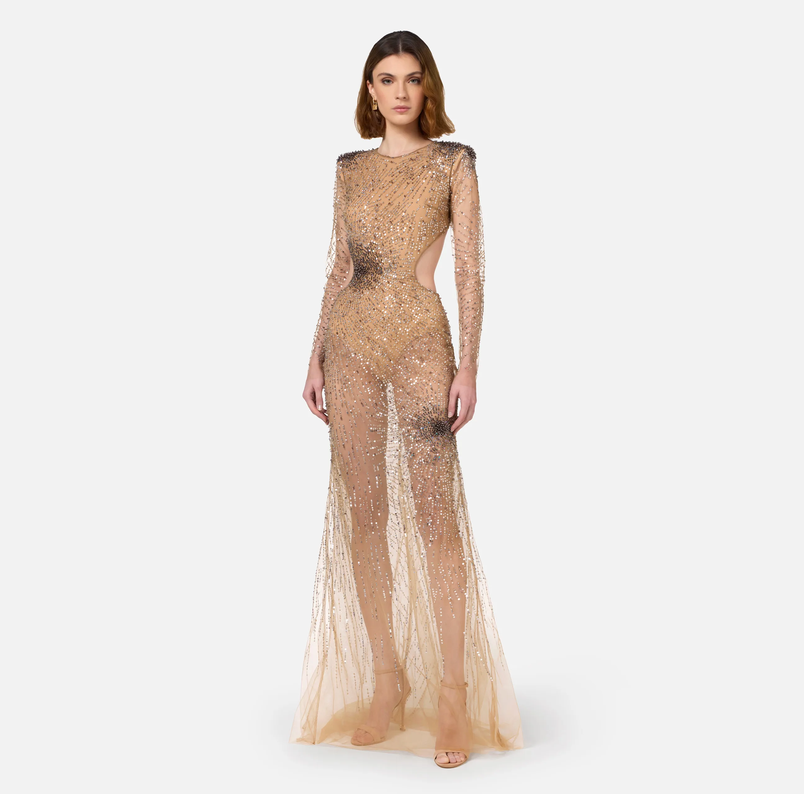 Abito red carpet in tulle stretch ricamato con paillettes fireworks