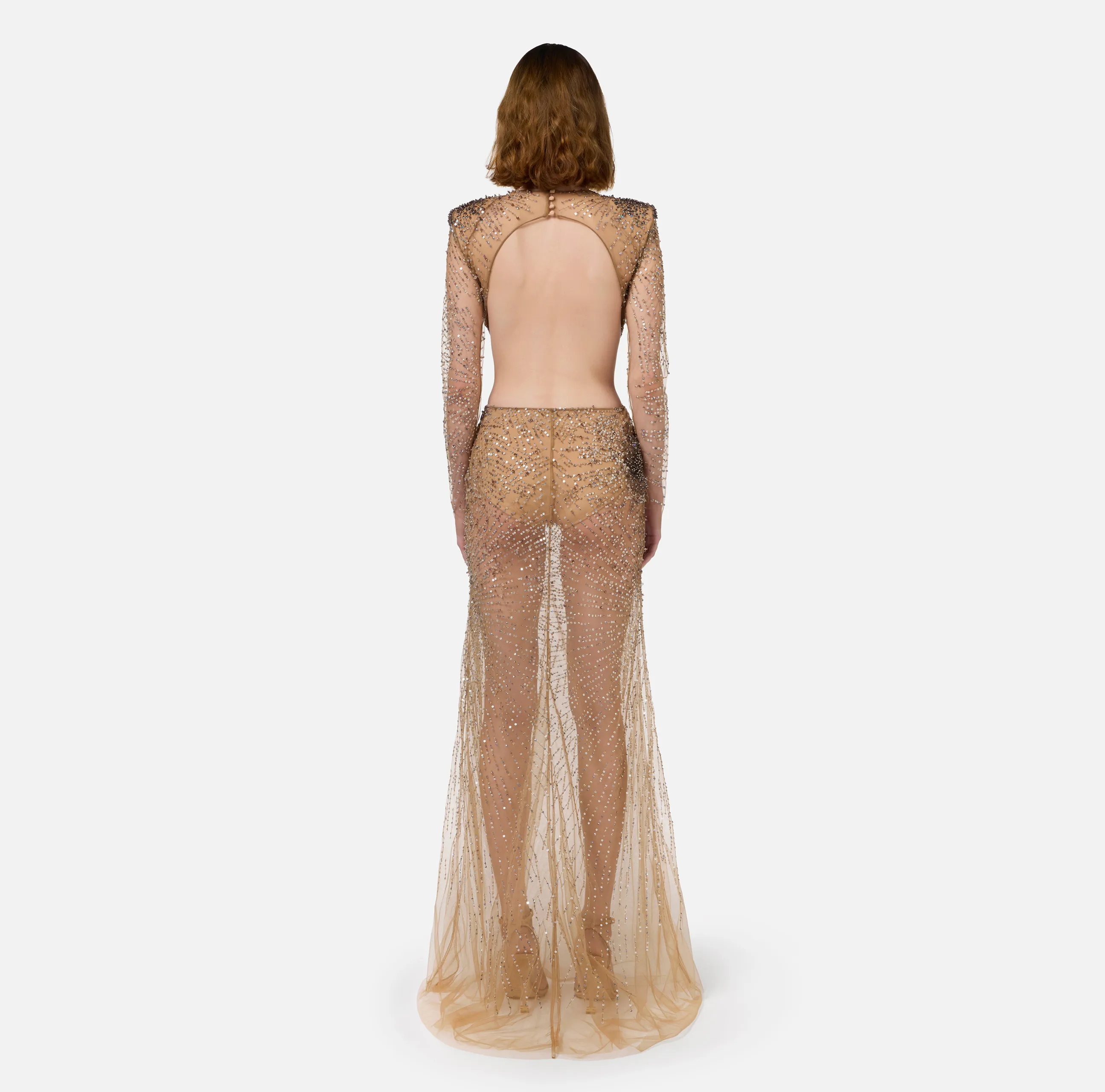 Abito red carpet in tulle stretch ricamato con paillettes fireworks