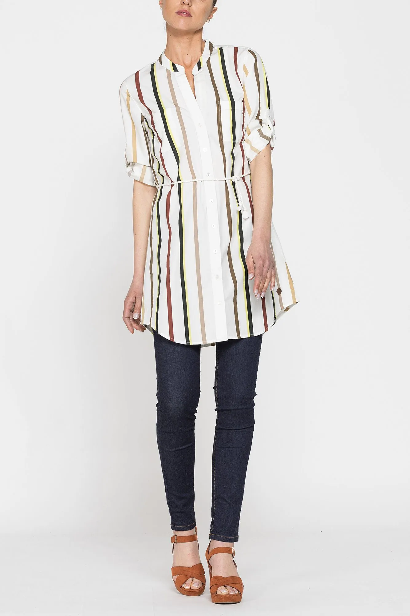 Carrera  ---------    ------------Maxi camicia in cotone leggero a righe  Bianco