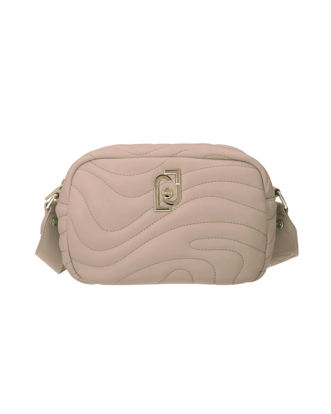 Cross bag cipria in similpelle trapuntata a onde con logo dorato e tracolla spessa in gros grain con charm portamonete