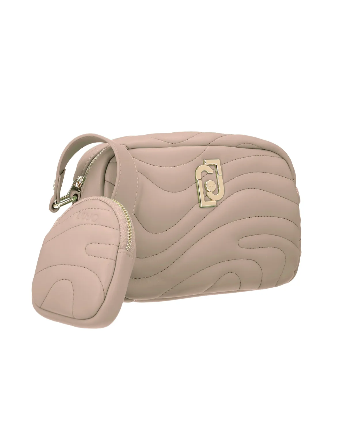 Cross bag cipria in similpelle trapuntata a onde con logo dorato e tracolla spessa in gros grain con charm portamonete