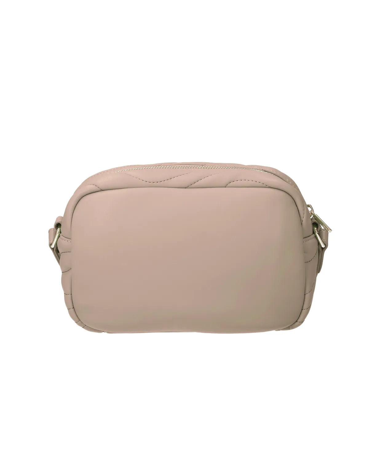 Cross bag cipria in similpelle trapuntata a onde con logo dorato e tracolla spessa in gros grain con charm portamonete