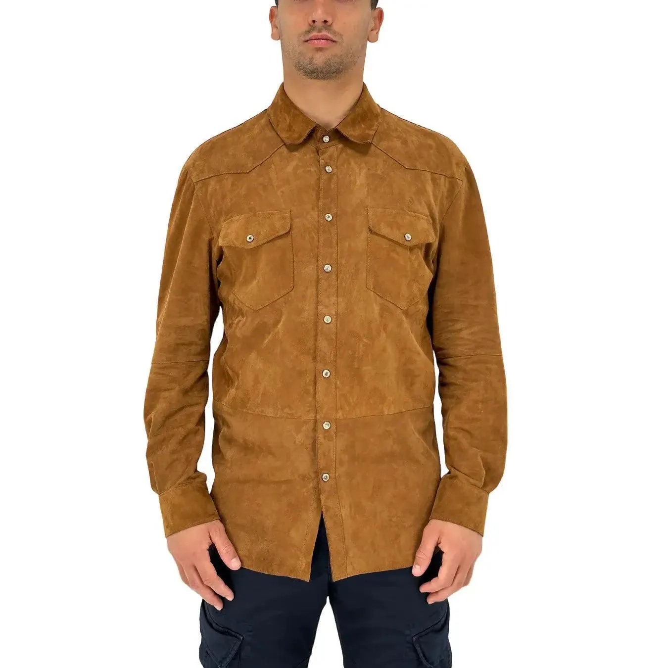 DFOUR Giacca Camicia Uomo, Colletto Classico, Pelle, Marrone