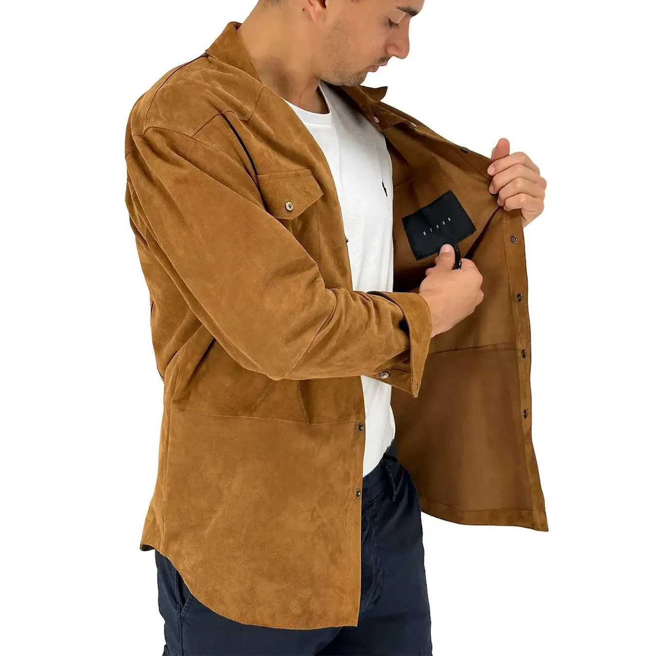 DFOUR Giacca Camicia Uomo, Colletto Classico, Pelle, Marrone
