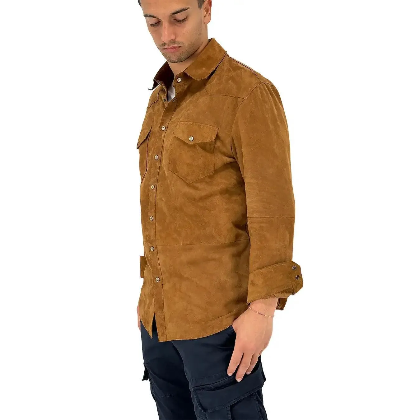 DFOUR Giacca Camicia Uomo, Colletto Classico, Pelle, Marrone