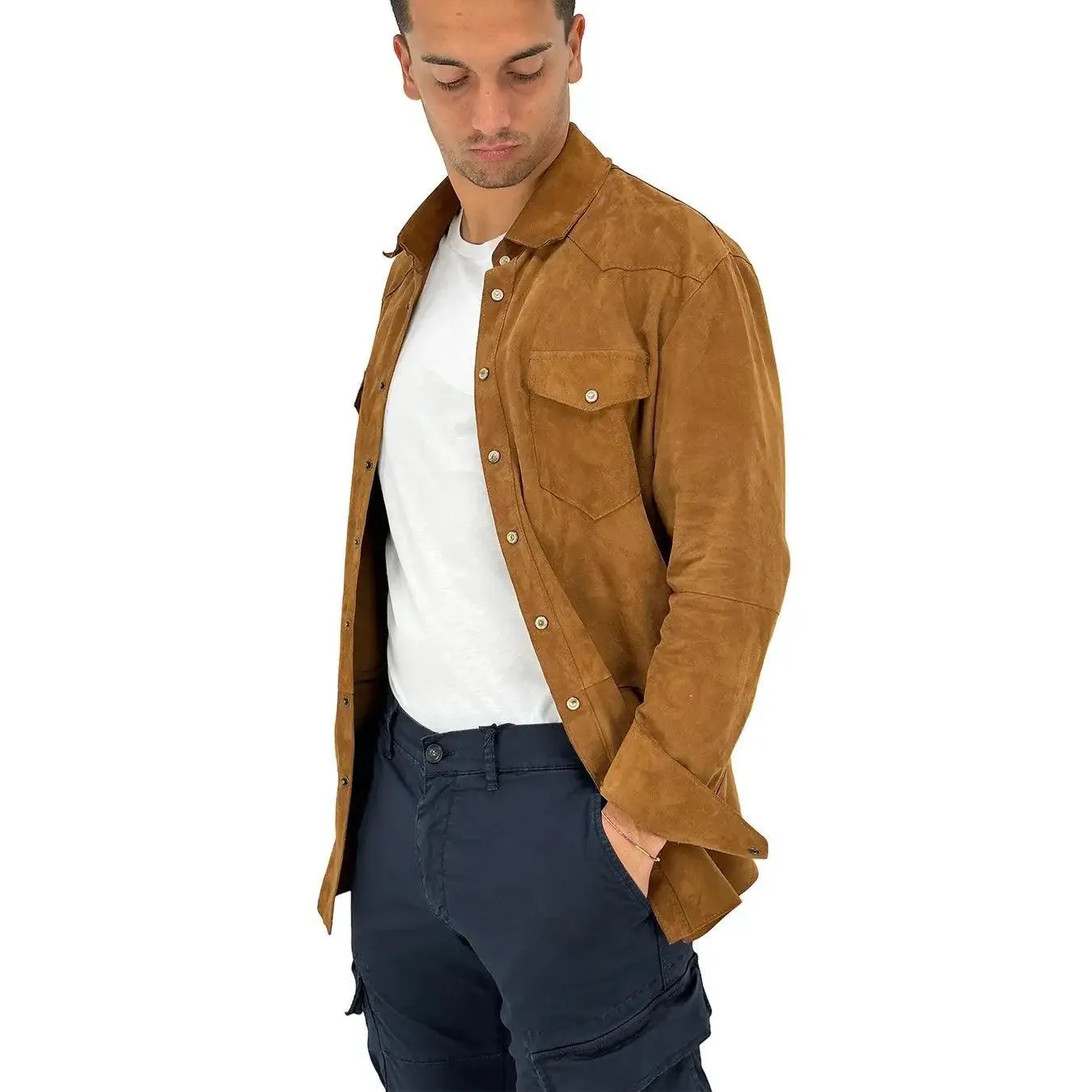 DFOUR Giacca Camicia Uomo, Colletto Classico, Pelle, Marrone