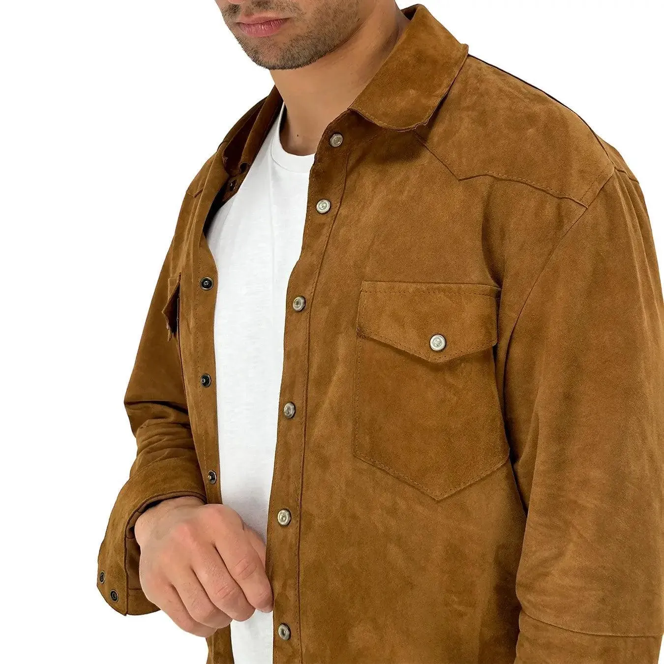 DFOUR Giacca Camicia Uomo, Colletto Classico, Pelle, Marrone