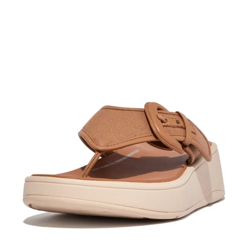FitFlop F-MODE BUCKLE CANVAS FLATFORM TOE-POST SANDALS Latte Tan