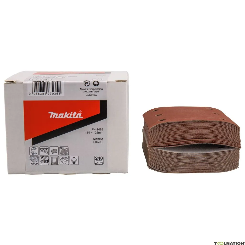 Makita Accessori P-42488 Foglio abrasivo 114x102 K240 Velcro rosso 50 pezzi