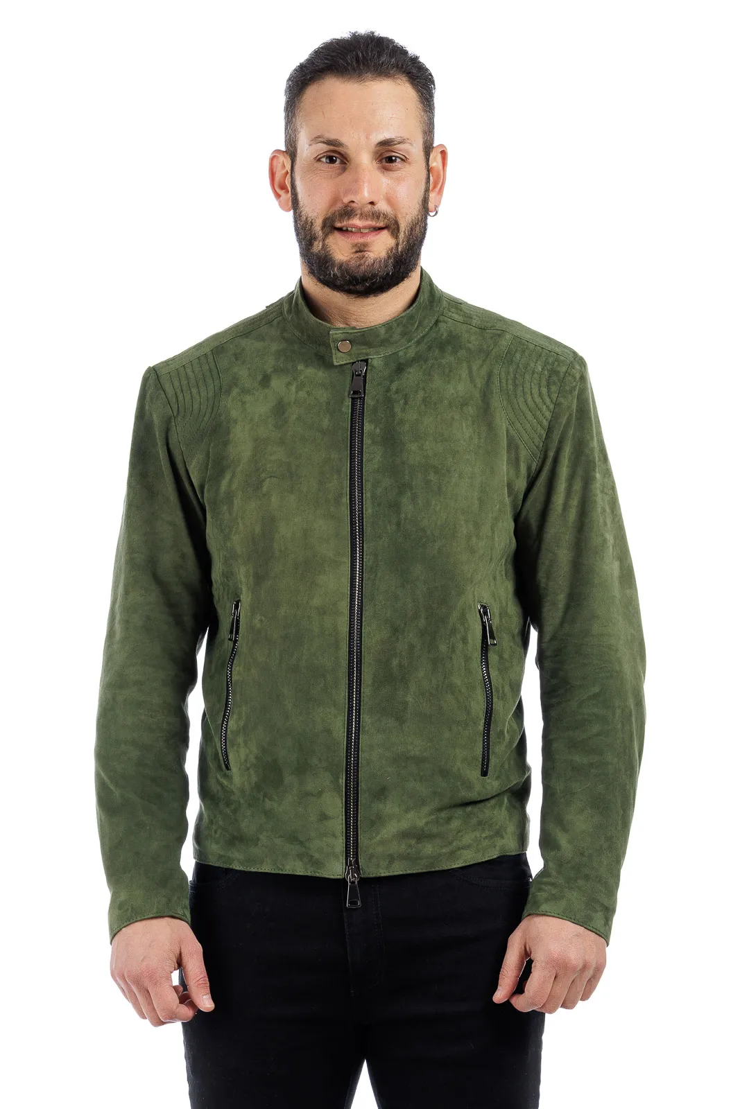 Men’s reindeer suede jacket with PP zipper green