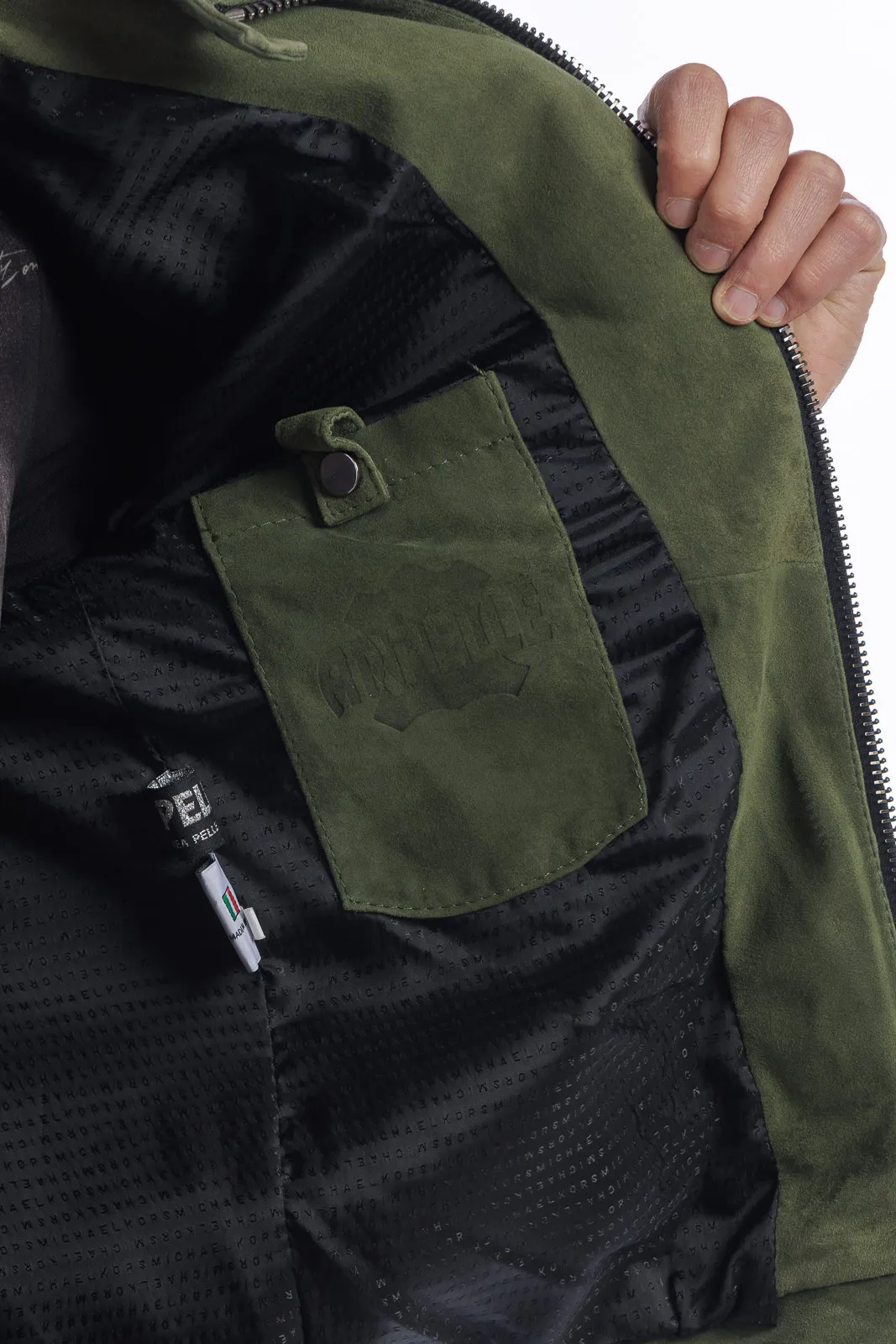 Men’s reindeer suede jacket with PP zipper green