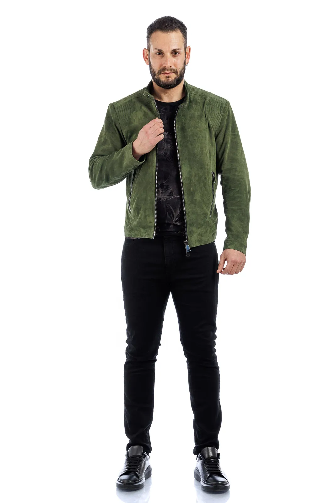 Men’s reindeer suede jacket with PP zipper green