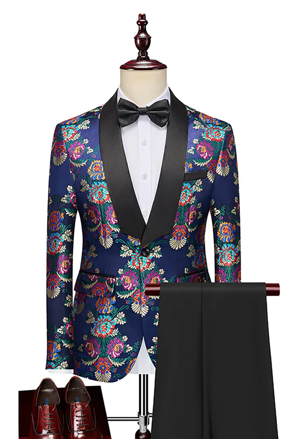 Navy Flower Jacquard 2 Pezzi Abiti da ballo da uomo