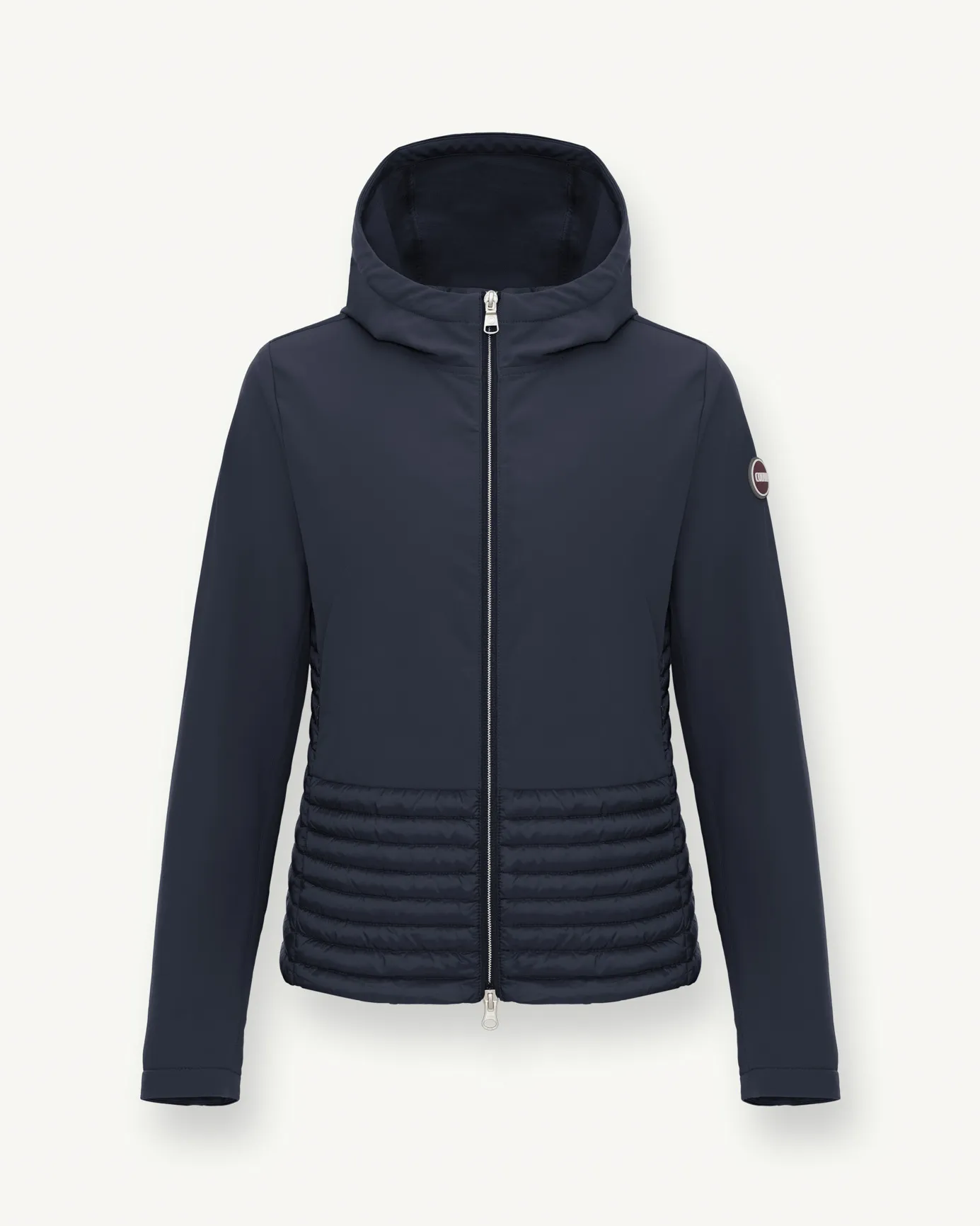 Piumino con cappuccio fisso blu in softshell con retro e fondo in tessuto lucido imbottito