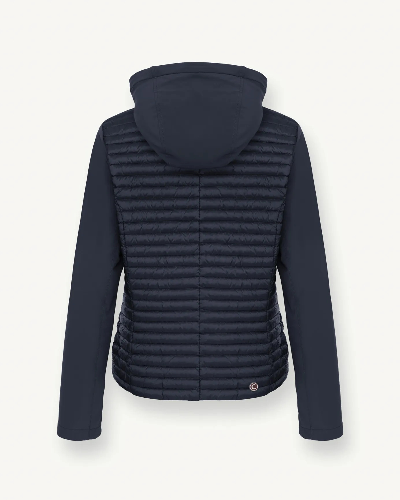 Piumino con cappuccio fisso blu in softshell con retro e fondo in tessuto lucido imbottito