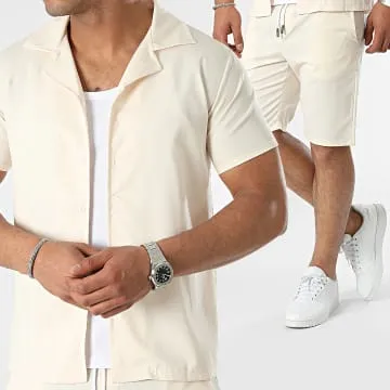 Set camicia a maniche corte e pantaloncini da jogging beige chiaro
