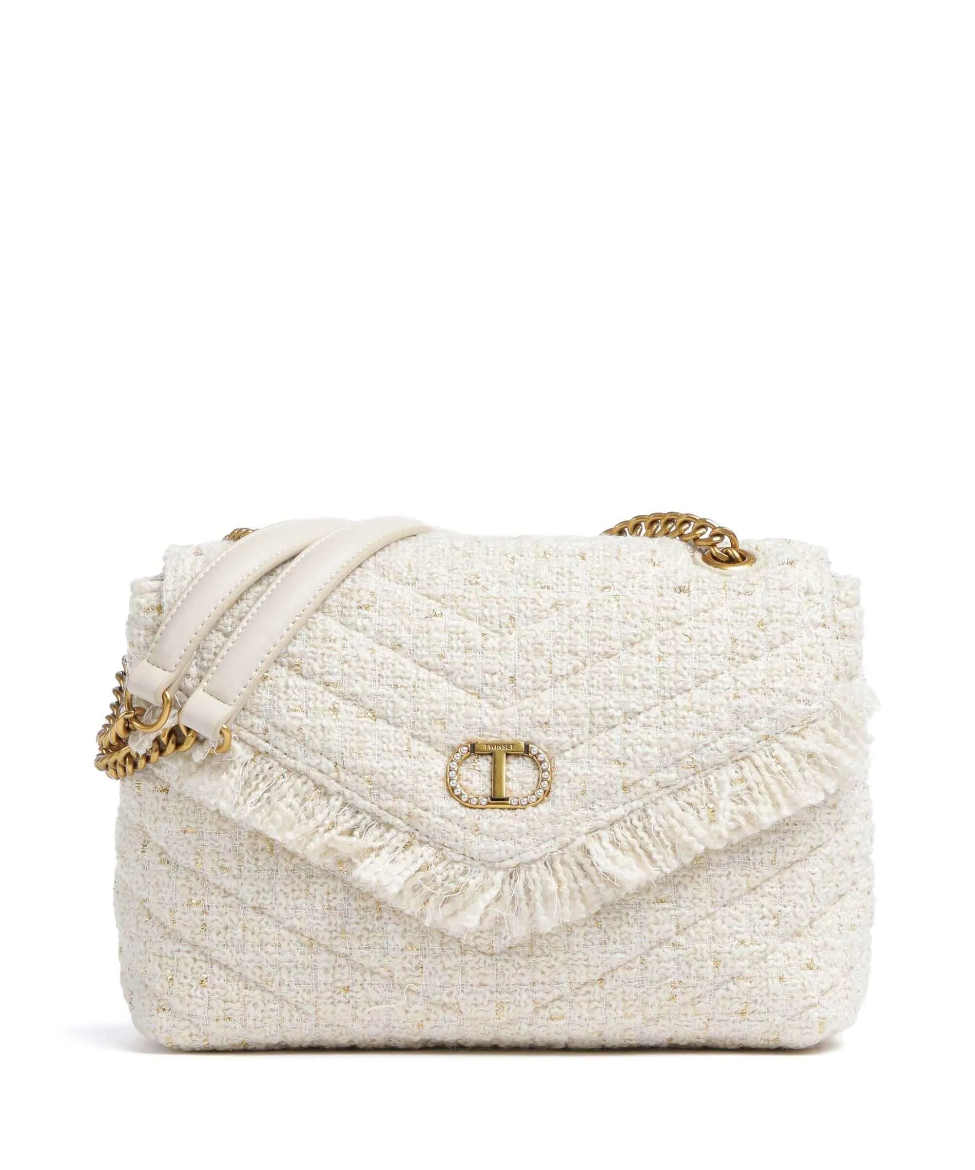  Twinset Dreamy Tweed Borsa a spalla poliestere, pelle sintetica avorio  